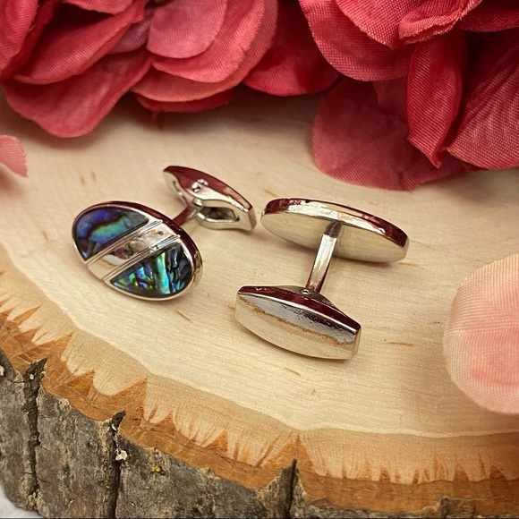 Natural Abalone Shell Silver Oval Cufflinks - Picture 11 of 16